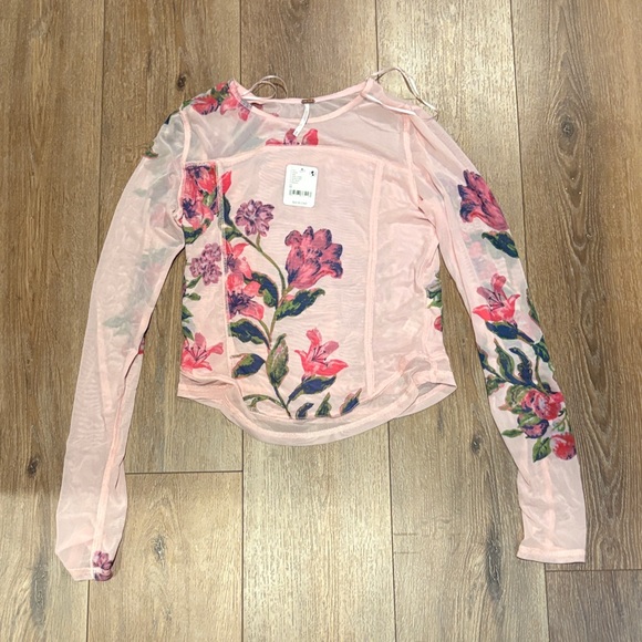 Free People Tops - NWT free people women’s pink long sleeve shirt top mesh floral medium